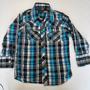 Gioberti Italy Boy's Blue & Black Long Sleeve Plaid Shirt, Size 5